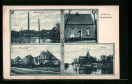 AK Muldenstein, Papierfabrik, Glöckners Kolonialwarenhandlung, Villenviertel, Kirche  - Other & Unclassified