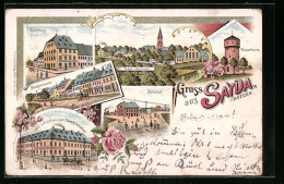 Lithographie Sayda I. Erzgeb., Hotel Zum Gold`nen Löwen, Rathaus, Hauptstrasse Und Wasserturm  - Sonstige & Ohne Zuordnung