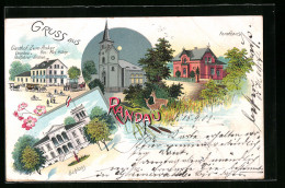 Lithographie Randau, Gasthof Zum Anker, Kirche, Forsthaus Und Schloss  - Jacht