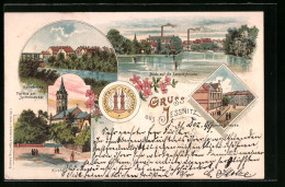 Lithographie Jessnitz I. A., Spittelbrücke, Kirche, Neue Post, Raguhner Strasse, Wappen  - Autres & Non Classés