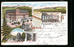 Lithographie Schöneck I. V., Funk`s Hotel Zum Schützenhaus, Innenansichten Tanzsaal Und Jagdzimmer  - Sonstige & Ohne Zuordnung