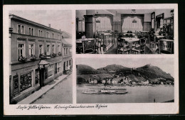 AK Königswinter Am Rhein, Cafe-Restaurant Witwe Clemens Hillesheim, Innenansicht, Uferpartie Mit Dampfer  - Koenigswinter