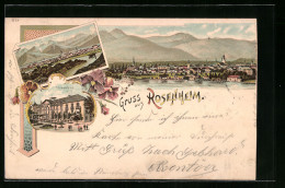 Lithographie Rosenheim, Hotel Kaiserbad, Teilansicht, Panorama  - Rosenheim