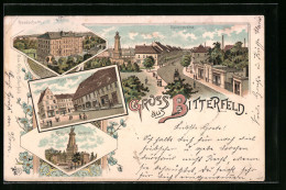 Lithographie Bitterfeld, Realschule, Marktplatz, Krieger-Denkmal  - Bitterfeld