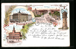 Lithographie Bitterfeld, Hotel Kaiserhof, Kaiser-Strasse, Rathaus  - Bitterfeld