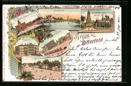 Lithographie Bitterfeld, Kriegerdenkmal, Stadtteich, Evangelische Volksschule  - Bitterfeld