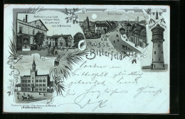 Mondschein-Lithographie Bitterfeld, Bahnhof, Rathaus, Wasser-Thurm  - Bitterfeld