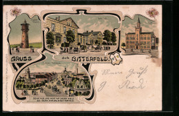 Lithographie Bitterfeld, Wasserturm, Bahnhof, Rathaus Und Kaiserstrasse  - Bitterfeld