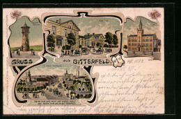 Lithographie Bitterfeld, Wasserturm, Bahnhof, Rathaus Und Kaiserstrasse  - Bitterfeld