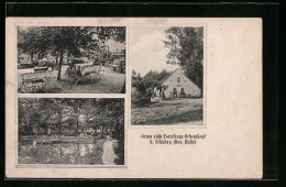 AK Schköna /Bez. Halle, Gasthaus Forsthaus Ochsenkopf, Garten, Uferpartie  - Hunting