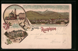 Lithographie Rosenheim, Hotel Kaiserbad, Kirche, Teilansicht  - Rosenheim