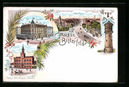 Lithographie Bitterfeld, Hotel Kaiserhof, Rathaus, Wasser-Turm  - Bitterfeld