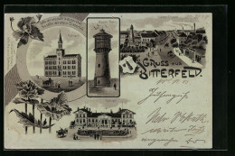 Mondschein-Lithographie Bitterfeld, Rathaus, Bahnhof, Wasser-Turm  - Bitterfeld