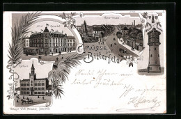Lithographie Bitterfeld, Hotel Kaiserhof, Rathaus, Wasser-Turm  - Bitterfeld