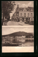 AK Königswinter, Familien-Hotel Deutsches Haus, Wilhelmstr., Uferpartie Mit Dampfer  - Königswinter