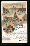 Lithographie Bitterfeld, Hallesche Strasse, Marktplatz, Burgstrasse  - Bitterfeld