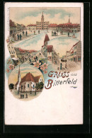 Lithographie Bitterfeld, Burgstrasse, Hallesche Strasse, Kirche  - Bitterfeld