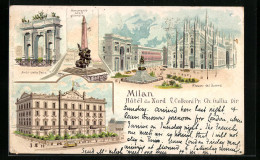Lithographie Milano, Hotel Du Nord, Arco Della Pace  - Milano (Mailand)
