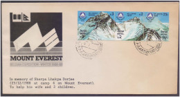 In Memory Of Sherpa Lhakpa Dorjee 23/12/1988 At Camp 4 On Mount Everest To Help His Wife And 2 Children, Nepal FDC - Escalade