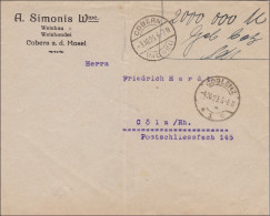 Gebühr Bezahlt: Brief Aus Cobern, Weinbau/Weinhandel Nach Köln 1923 - Brieven En Documenten