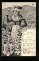 AK Oberkirch /Renchtal, Trachtenträgerin Mit Weinglas Vor Dem Ort, Wappen, Gedicht Gesundheit  - Oberkirch