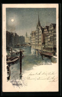 Mondschein-Lithographie Alt-Hamburg, Fleet An Der Deichstrasse  - Sonstige & Ohne Zuordnung