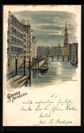 Mondschein-Lithographie Alt-Hamburg, Partie An Der Reimers-Brücke  - Andere & Zonder Classificatie