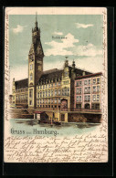 Lithographie Hamburg, Rathaus, Vom Wasser Gesehen  - Mitte