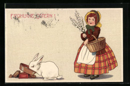 AK Osterhase Mit Napf, Dame Mit Palmkätzchenzweigen  - Easter