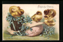 AK Osterküken Und Blumenkorb Auf Einer Wippe  - Easter
