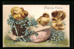 AK Osterküken Und Blumenkorb Auf Einer Wippe  - Ostern