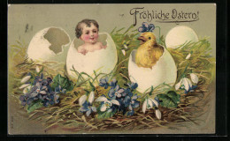 AK Fröhliche Ostern, Kind Und Küken Schlüpfen Aus Eiern  - Ostern