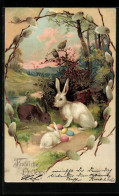 AK Osterhasen Mit Ostereiern Und Palmzweigen  - Easter