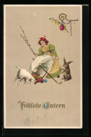 AK Mädchen, Freche Ziege Und Osterhase  - Ostern