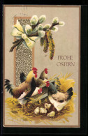 AK Frohe Ostern, Hühner Und Osterküken Am Futtertrog Im Stroh  - Easter
