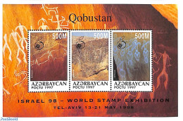 Azerbaijan 1998 Israel 98 3v M/s, Mint NH, Nature - Animals (others & Mixed) - Philately - Art - Cave Paintings - Vor- Und Frühgeschichte