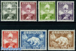 Greenland 1938 Definitives 7v, Mint NH, History - Nature - Kings & Queens (Royalty) - Animals (others & Mixed) - Bears.. - Neufs
