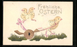 Relief-AK Osterküken Mit Osterei-Gespann  - Ostern