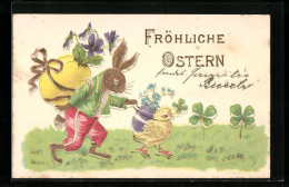 AK Osterhase Und Osterküken Transportieren Blumen In Eiern  - Pâques