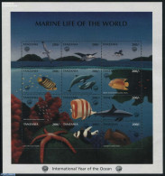 Tanzania 1998 Int. Ocean Year 12v M/s With Overprint, Mint NH, Nature - Birds - Fish - Sea Mammals - Sharks - Fishes