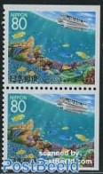 Japan 1996 Ehime Booklet Bottom Pair, Mint NH, Nature - Transport - Fish - Ships And Boats - Unused Stamps