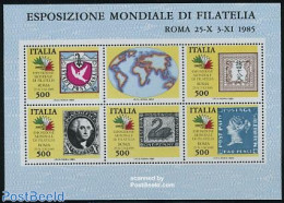 Italy 1985 Stamp Exposition S/s, Mint NH, Nature - Various - Birds - Philately - Stamps On Stamps - Maps - Swans - Sonstige & Ohne Zuordnung