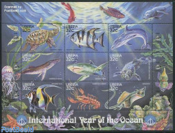 Liberia 1998 Int. Ocean Year 9v M/s, Mint NH, Nature - Fish - Sea Mammals - Turtles - Sharks - Poissons