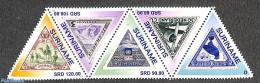 Suriname, Republic 2023 Triangle Stamps 5v, Mint NH, Nature - Transport - Birds - Camels - Stamps On Stamps - Aircraft.. - Briefmarken Auf Briefmarken
