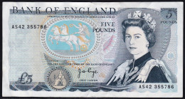 Great Britain Bank Of England 5 Pounds Banknote Serial Number AS42 355786 Sign. J B Page 1970–1980 P-378b F-VF - 5 Pond