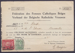 Reçu "Fédération Des Femmes Catholiques Belges" Affr. N°185+137 Càd BRUXELLES-BRUSSEL 11/21 III 1921 - 1915-1920 Alberto I