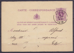 EP Carte-correspondance 5c Violet (type N°28) Repiqué "Pianos, Orgues, … Ch. Gevaert" Càd LIEGE /4 SEPT 1878 Pour E/V - Cartes Postales 1871-1909