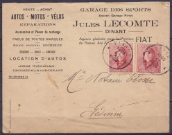 Env. "Autos-Motos-Vélos / Garage Des Sports J. Lecomte" Affr. 2x N°168 Càd DINANT /24 XI 1920 Pour GEDINNE (au Dos: Càd  - 1919-1920  Re Con Casco