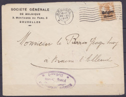 Env. "Banque Société Générale" Affr. OC15 Flam. BRÜSSEL /22.VI.1917 Pour BRAINE L'ALLEUD - Cachet Censure "Militärische  - OC1/25 Gouvernement Général