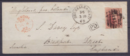 Env. Affr. N°12 Oblit. 8 Barres [EST] Càd BRUXELLES (EST) /3-10-1862 Pour BRIDPORT Dorset - [PD] - Man. "Angleterre Par  - 1858-1862 Medaillen (9/12)